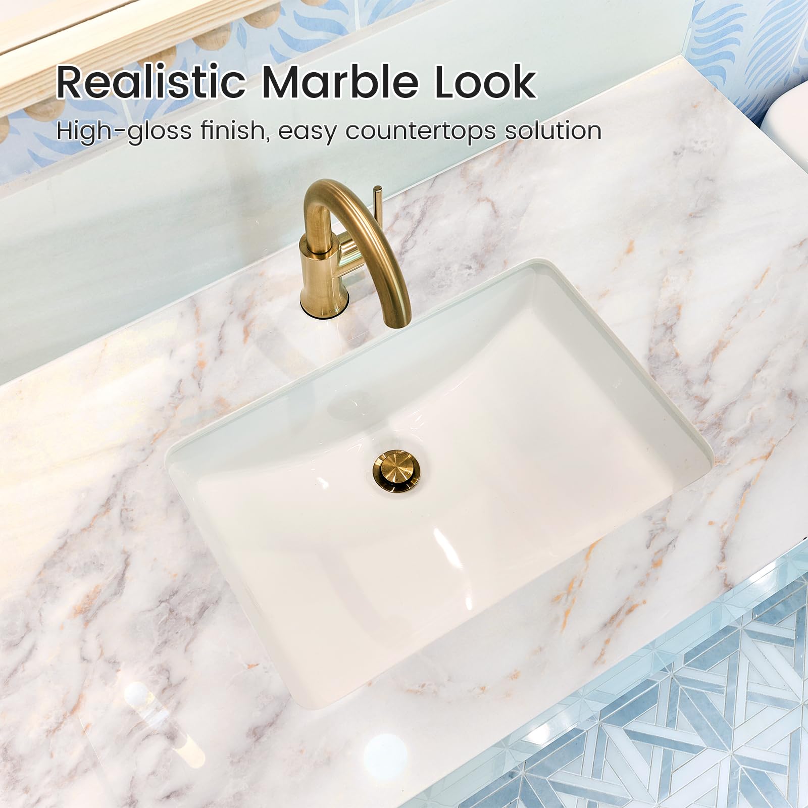 rabbitgoo Glossy Marble Contact Paper Peel and Stick Wallpaper 17.5" X 78.7" Countertop Furniture Waterpoof Self Adhesive Removable Cover for Kitchen Bathroom Cabinet Drawer Shelf Liner Vinyl Roll