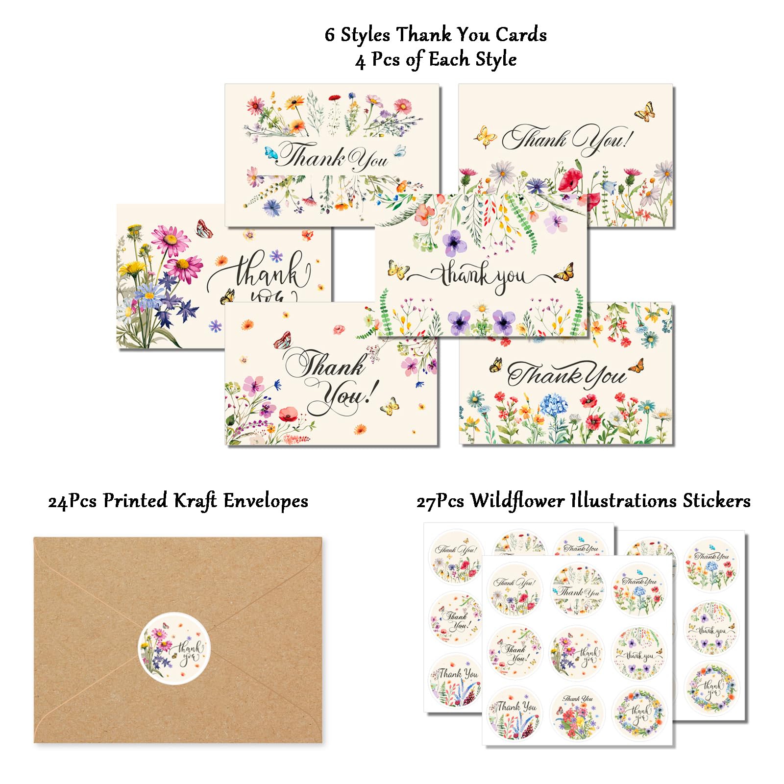 Savgkoyt 75 Pack Wildflower Thank You Cards with Envelopes and Stickers Thank You Notes with Envelopes Set Bulk Vintage Flower Greeting Cards with Kraft Envelope Sticker for Wedding Bridal Showers Baby Showers