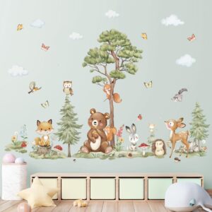 wondever Woodland Animals Wall Stickers Large Pine Tree Forest Bear Deer Fox Peel and Stick Wall Art Decals for Baby Nursery Kids Bedroom Playroom