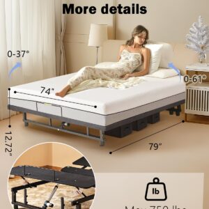 Miscoos King Size Adjustable Bed Frame with Quiet Motor - Head & Foot Incline, Zero Gravity, Wireless Remote Control, Easy Installation (79" L x 74" W x 12.72" H)