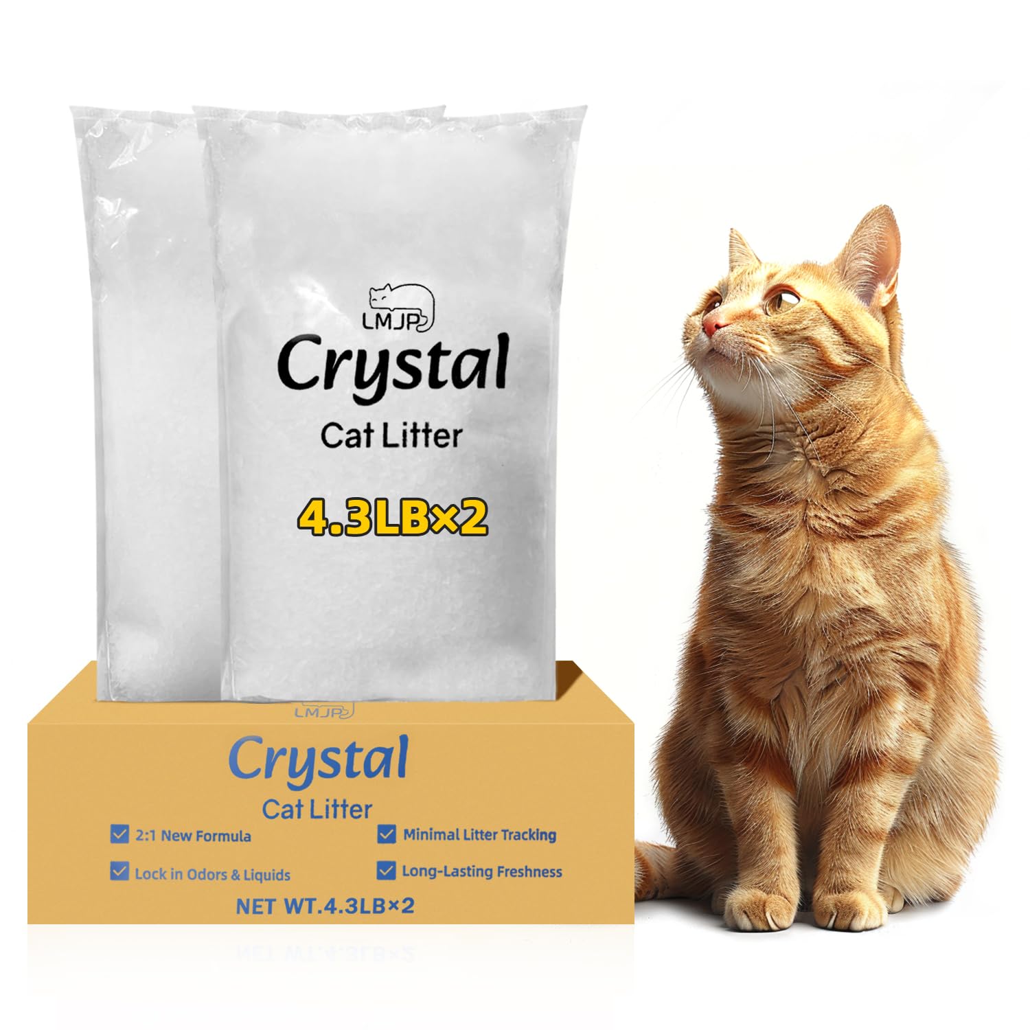 LMJP Crystal Cat Litter, 8.6 lb, Rapid Odor & Moisture Absorption Last up to 6 Weeks, Low Tracking for Less Mess, Unscented Non-Clumping Silica Gel Crystals