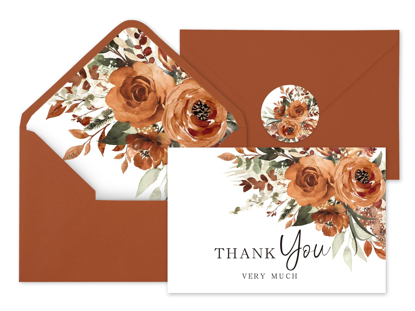 Whaline 36Pcs Watercolor Floral Thank You Cards with Envelopes and Stickers Orange Rose Greeting Cards Blank Note Cards for Weddings Bridal Shower Baby Shower