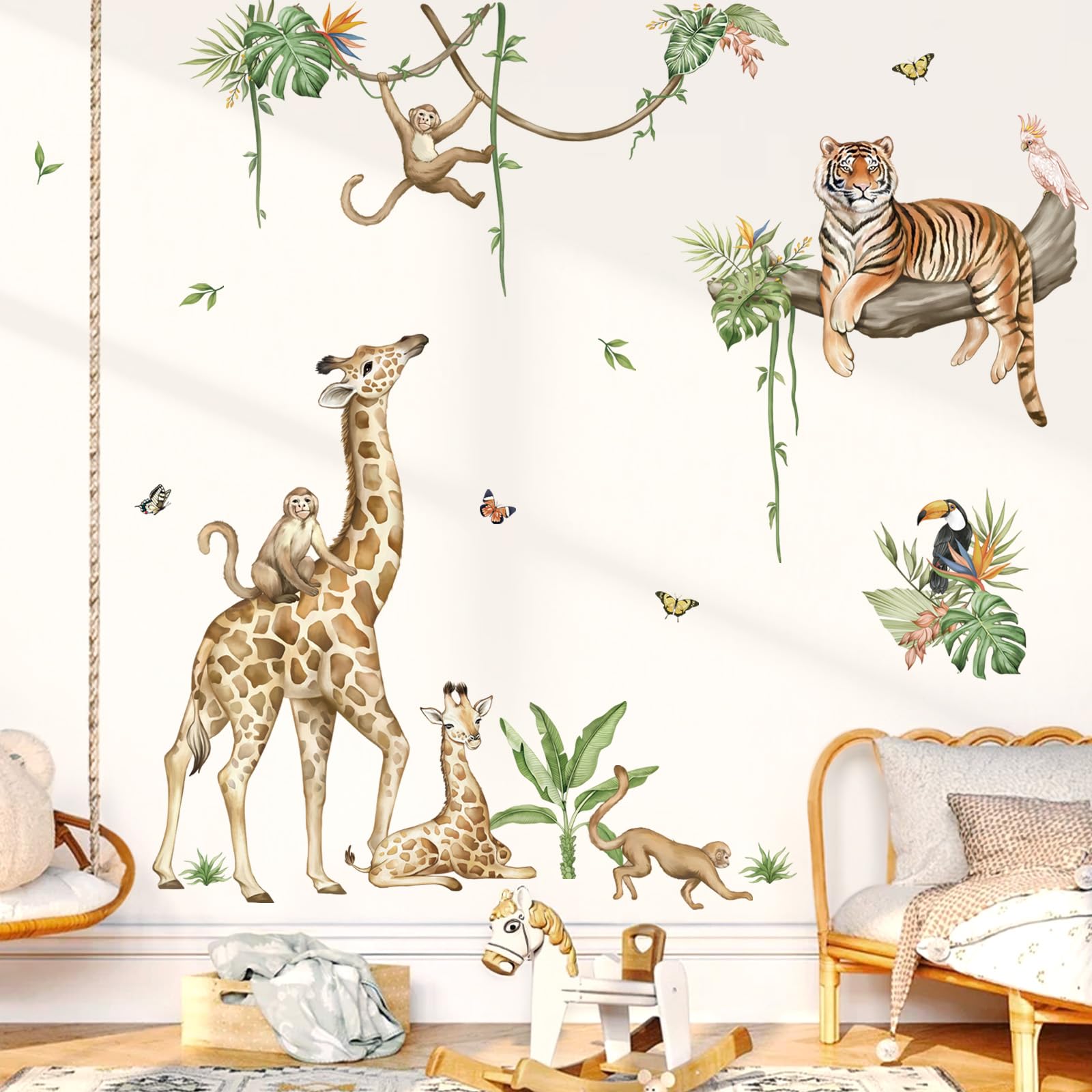 wondever Large Jungle Animal Tree Branch Wall Stickers Safari Giraffe Tiger Monkey Peel and Stick Wall Art Decals for Baby Nursery Kids Bedroom Playroom