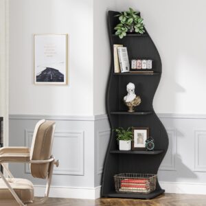 Tribesigns Corner Shelf, Modern 5-Tier Wall Corner Bookshelf, Stylish Corner Small Bookcase Storage Rack Plant Stand with Unique Shape for Living Room, Home Office, (1PC, Black)