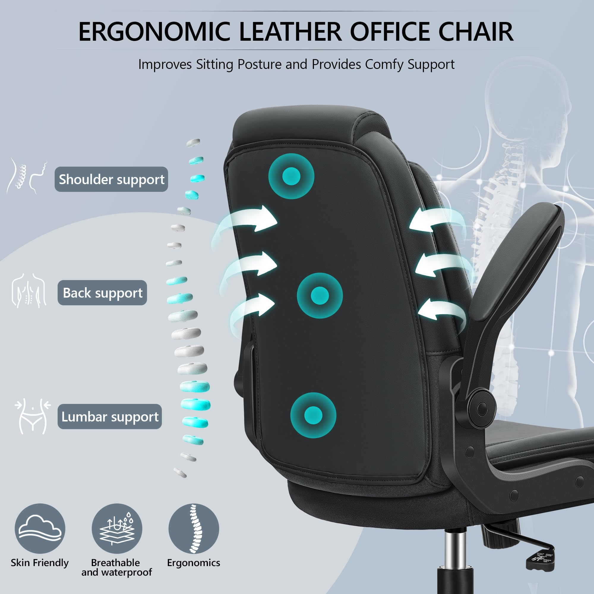 AtHope Office Chair Ergonomic Computer Desk Chair, Executive Leather Office Chair with Adjustable Flip-up Armrests Height, Swivel Task Chair with Lumbar Support Rocking Function for Home Office(Black)