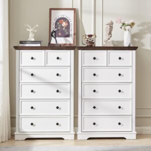 LDTTCUK 6 Drawer Dresser, Farmhouse Dresser Chest of Drawer for Bedroom, 48 Inch Tall Dresser, Wood Storage Chest of Drawers Storage Cabinet for Living Room, Entryway, Hallway, White