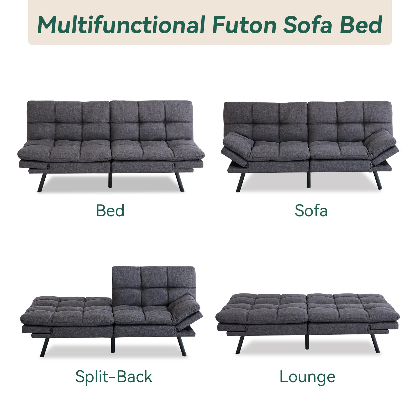 Hcore Futon Sofa Bed Couch,Convertible Futon Sleeper Sofa,Memory Foam Futon Couch Bed,Loveseat Sofa Bed,Small Splitback Polyester Modern Sofa for Living Room,Office,Apartment,Pure Grey