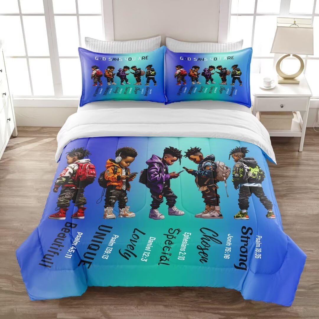 GRAT TIOC Black Boy Comforter Set for Kids Teens Queen,Cute Black African American Boy Bedding Set,Afro Boy Melanin God Says I Am Christian Bedroom Bed Set 3 Pcs with 2 Pillowcases