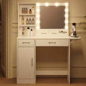 FITSCROPR Vanity Desk with Drawers & Mirror with Lights, with Drawers & Cabinet 3 Shelves Lots Storage for Stylish Bedroom,White