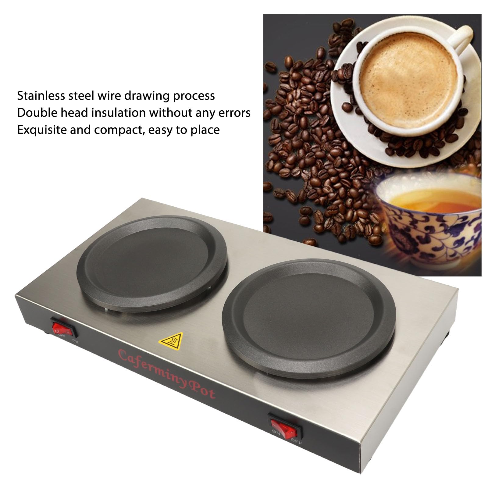 Double Coffee Warmer, Stainless Steel 160 w Portable Double Hot Plate Warmer Commercial Coffee Pot Standard Decanter Warmer, for Coffee Shops (US Plug 110V)