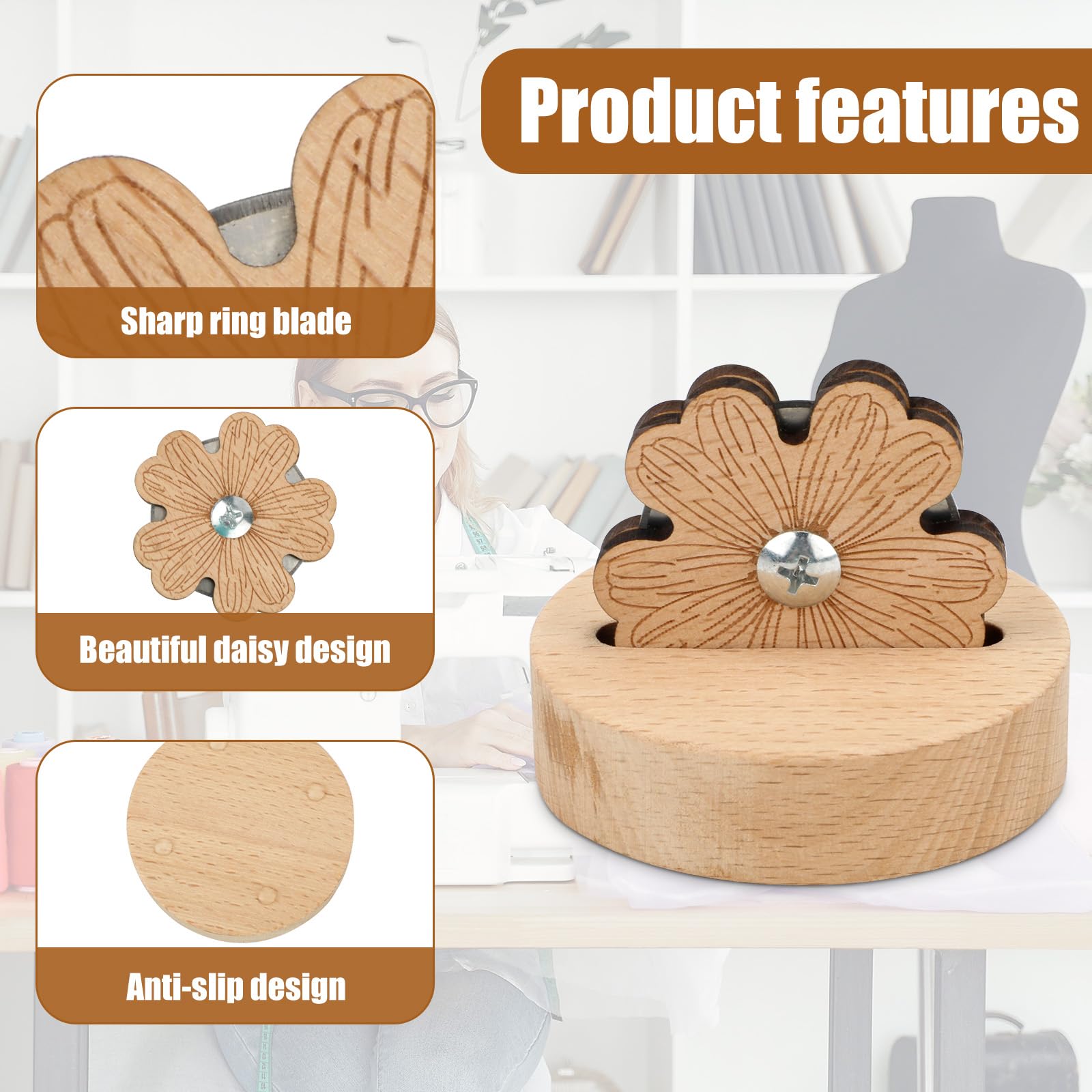 2pcs Daisy Thread Snip Cutters, Tabletop Blade Saver Yarn Cutter with Anti-Slip Stand Wooden Rotary Thread Cutting Tool Sewing Seam Supplies Quilting Notions