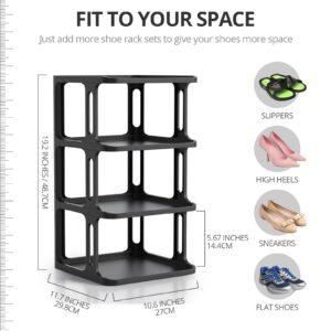 Small Shoe Rack for Closet - Free Standing Narrow Shoe Rack Organizer for Dedroom Dorm, Mini Stackable Shoe Rack Shelf for Entryway Garage Entrance, 4 Tier Vertical Black Shoe Cubby for Small Spaces