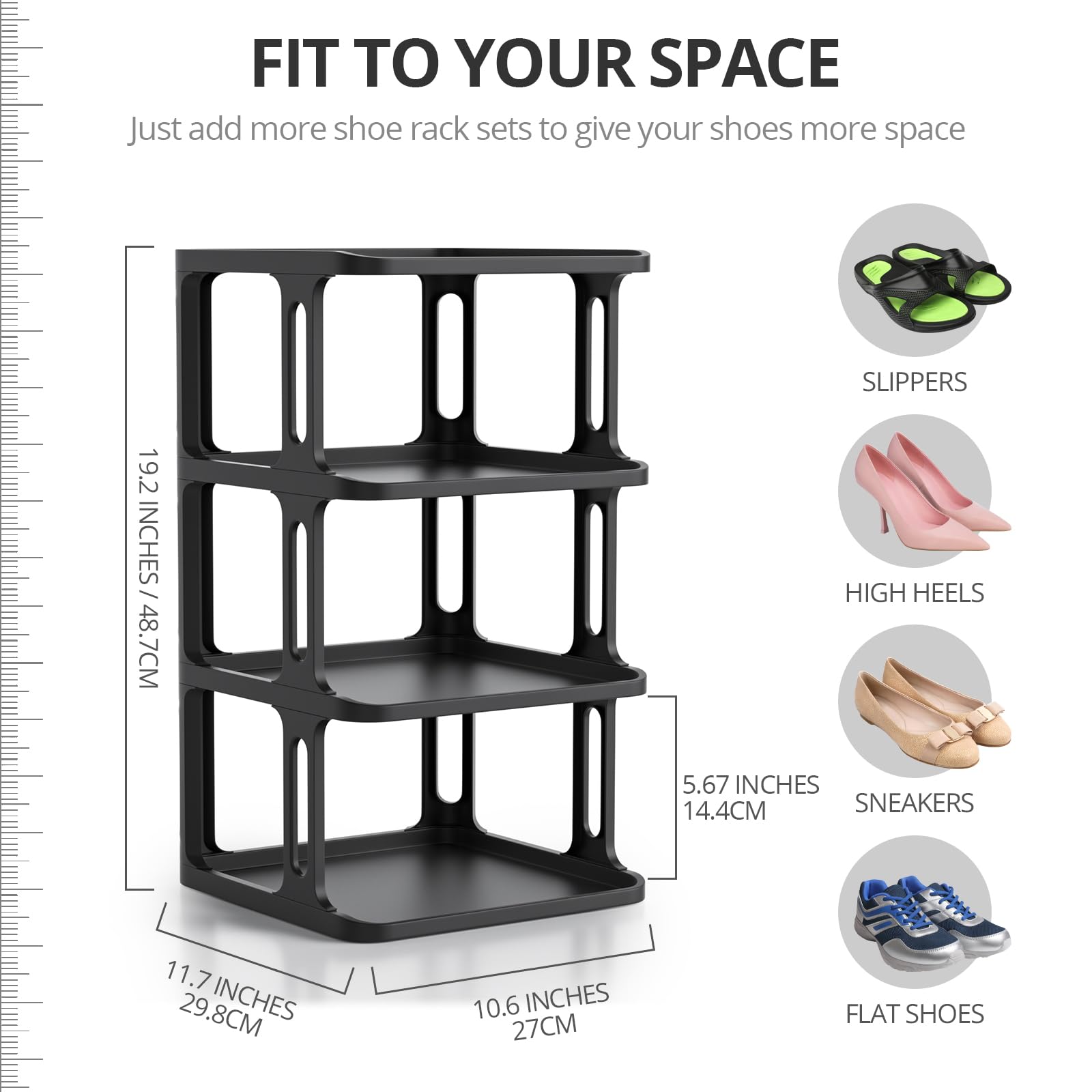 Small Shoe Rack for Closet - Free Standing Narrow Shoe Rack Organizer for Dedroom Dorm, Mini Stackable Shoe Rack Shelf for Entryway Garage Entrance, 4 Tier Vertical Black Shoe Cubby for Small Spaces