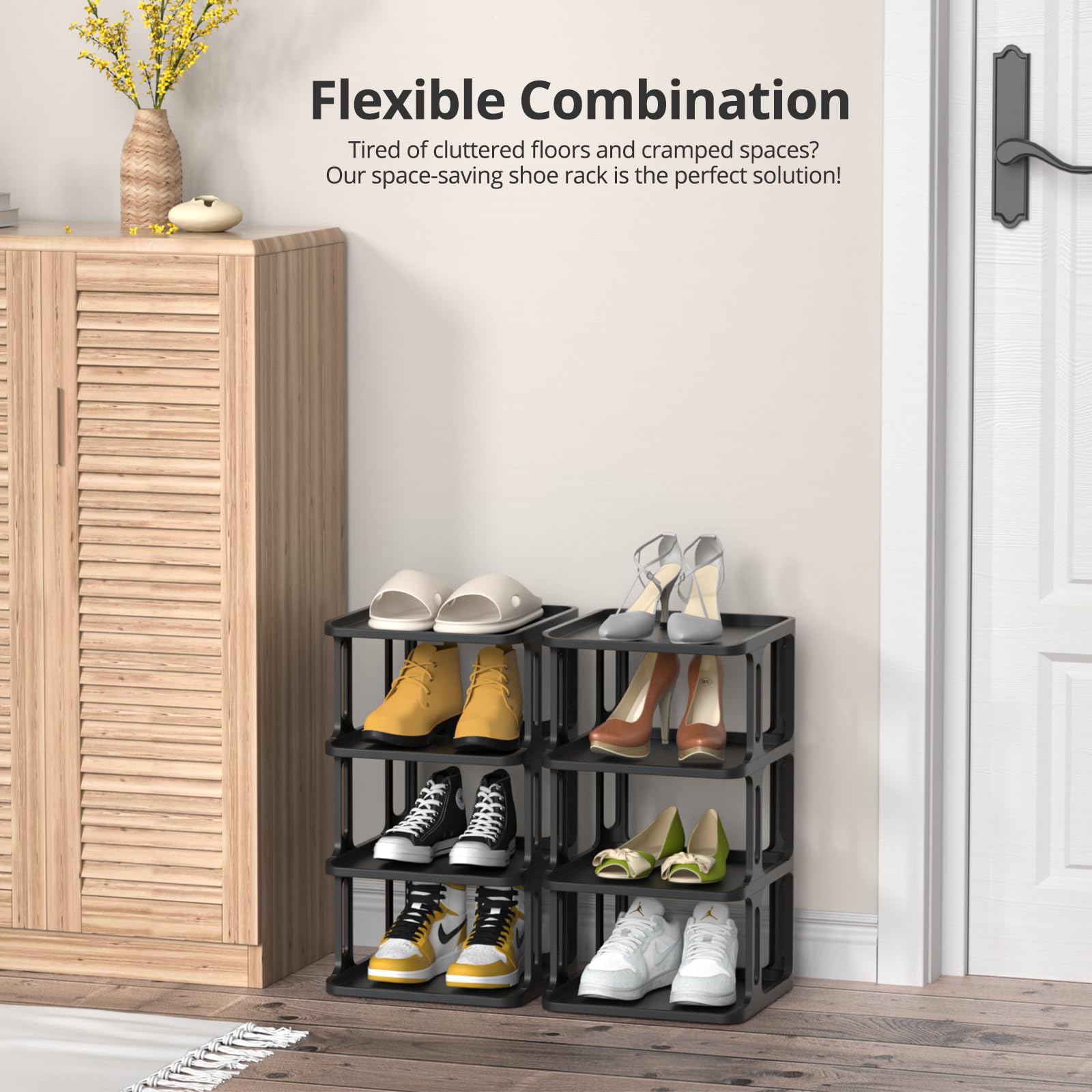 Small Shoe Rack for Closet - Free Standing Narrow Shoe Rack Organizer for Dedroom Dorm, Mini Stackable Shoe Rack Shelf for Entryway Garage Entrance, 4 Tier Vertical Black Shoe Cubby for Small Spaces