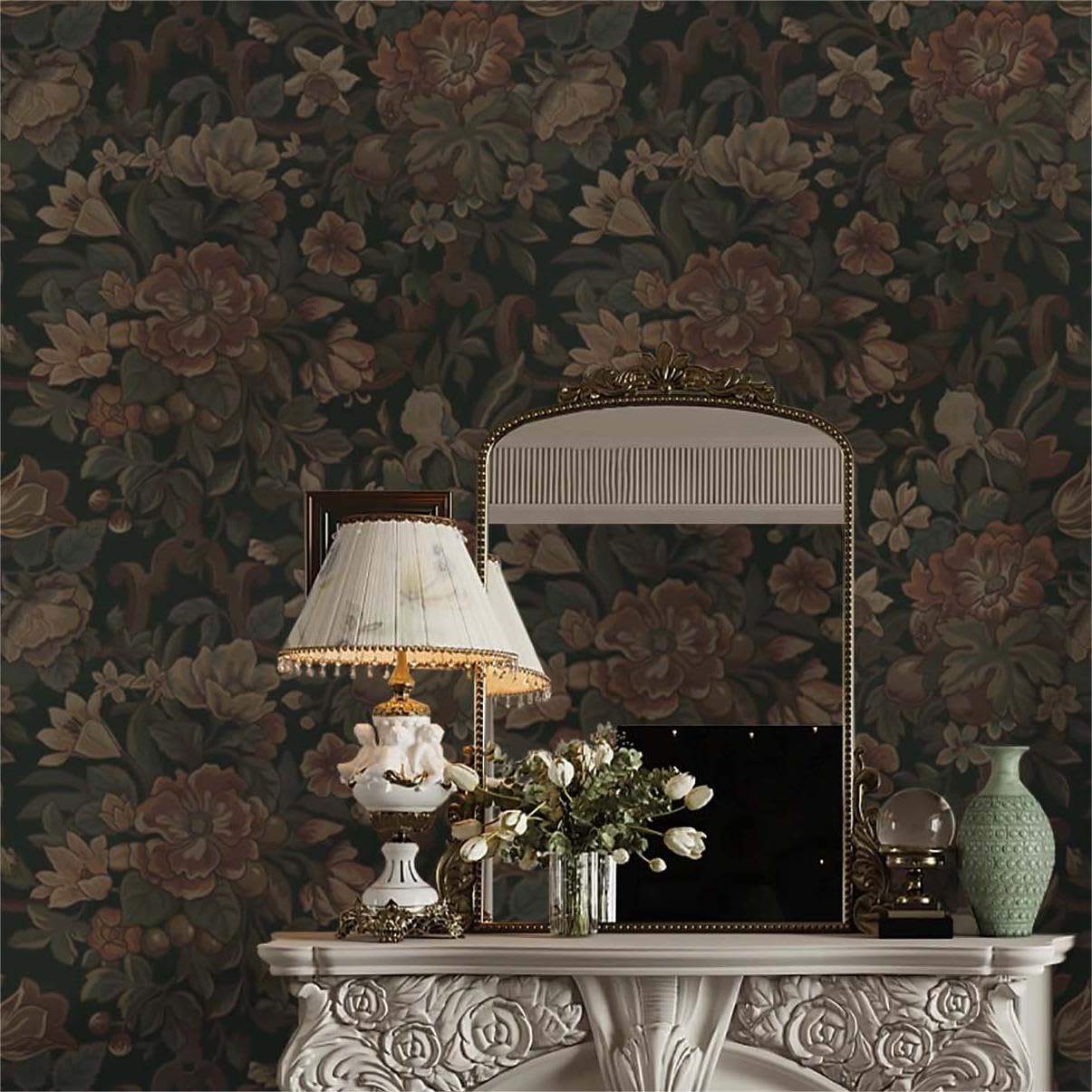 Dimoon 78.7"x16.1"Floral Peel and Stick Wallpaper Dark Green Vintage Flower Leaf Contact Paper Wallpaper for Bedroom Thicken Waterproof Self Adhesive Wall Paper Removable Shelf Liner Vinyl Roll