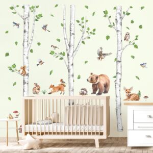 wondever Large Birch Tree Animals Wall Stickers Forest Owl Fox Bear Deer Peel and Stick Wall Art Decals for Baby Nursery Kids Bedroom Living Room