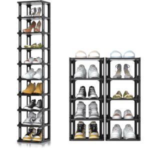 tall shoe rack front door entrance, free standing narrow shoe rack organizer for entryway, vertical stackable shoe shelf for closet dedroom dorm garage, 10 tier black shoe tower for small spaces