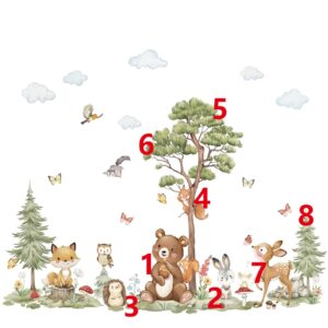 wondever Woodland Animals Wall Stickers Large Pine Tree Forest Bear Deer Fox Peel and Stick Wall Art Decals for Baby Nursery Kids Bedroom Playroom