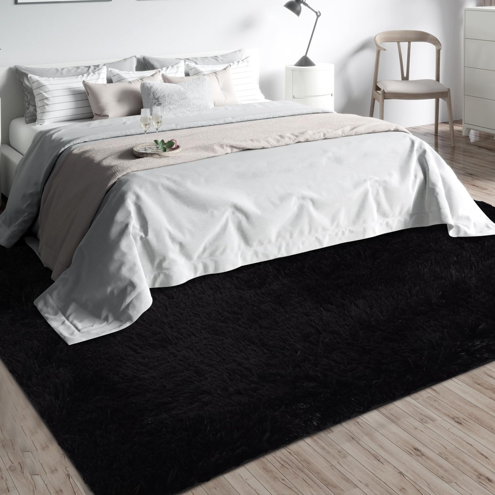 Shag Area Rugs for Bedroom Living Room,5X8 Ultra Soft Fluffy Area Rugs for Dorm,Indoor Carpet Nursery Rugs for Kids Girls Room Home Decor, Black