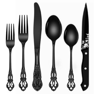 black silverware set for 8, ollex 48 pcs retro royal silverware flatware set with black spoons forks knives set, mirror polished stainless steel vintage utensils set, dishwasher safe