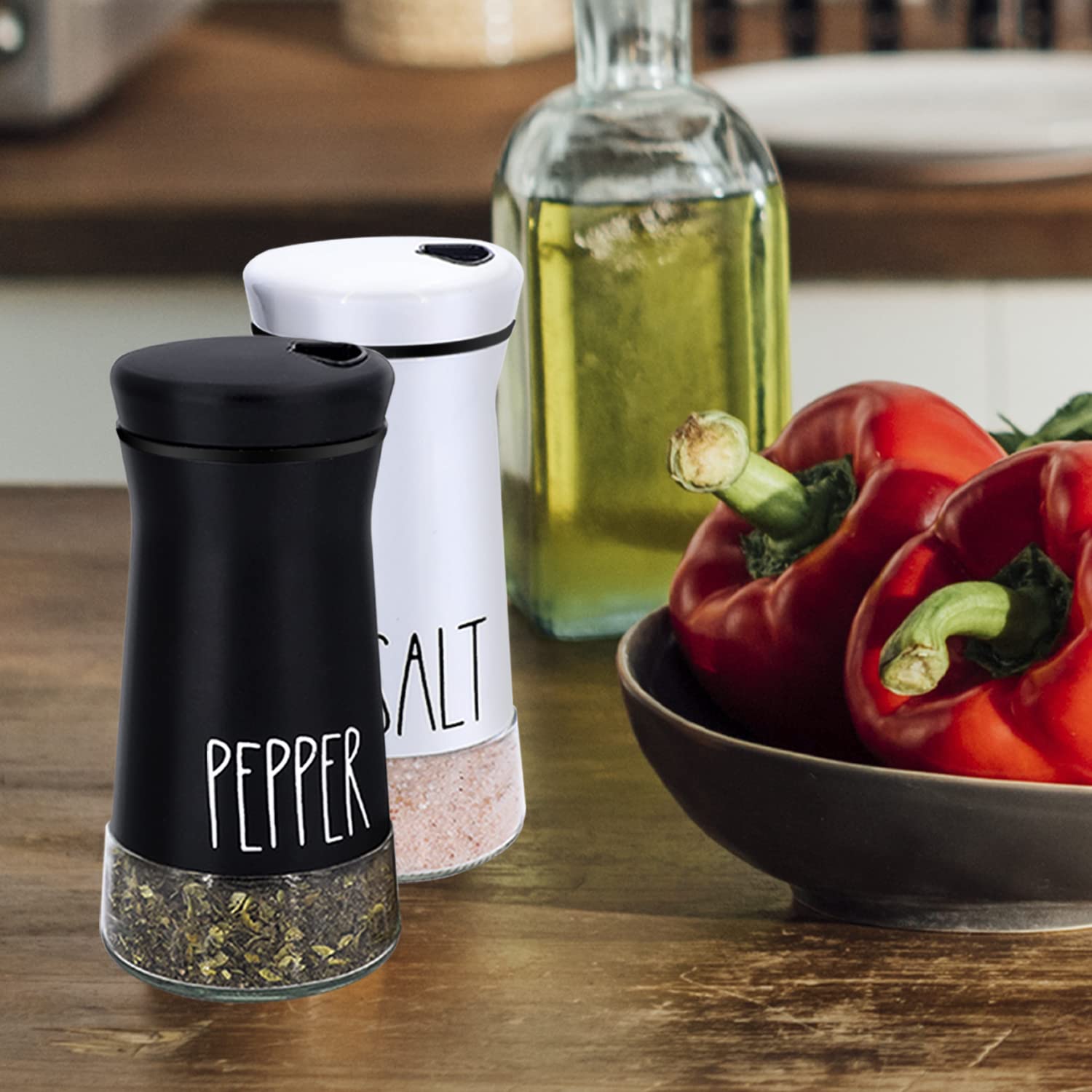 Farmhouse Salt and Pepper Shakers with Adjustable Pour Holes, Refillable Salt Shaker by Aelga, Ideal for Black Pepper, Sea Salts and Kosher