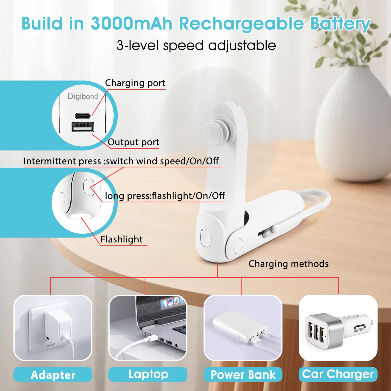 Digibond Portable Handheld Fan, Personal Fan, 6 IN 1 3000mAh Rechargeable Battery Operated Personal Fan Bullet Shape Mini Fan with Flashlight/Power Bank/Hook 3 Speed (White)