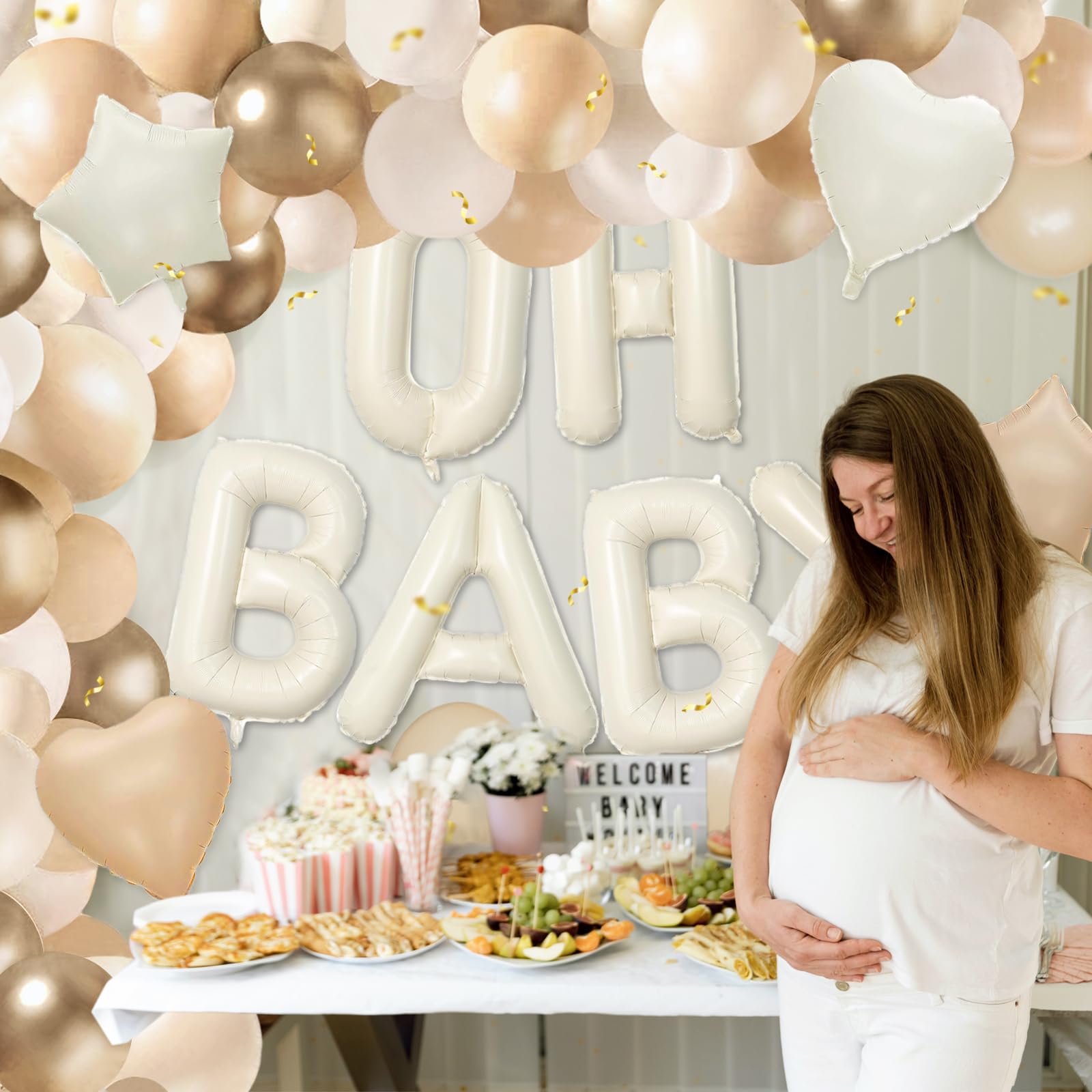 Lecheme Boho Baby Shower Balloons Oh Baby Cream Letter Balloons Set for Baby Shower 115 Pcs Thick Mylar Balloons for Baby Girl Shower Beige Baby Shower Decorations