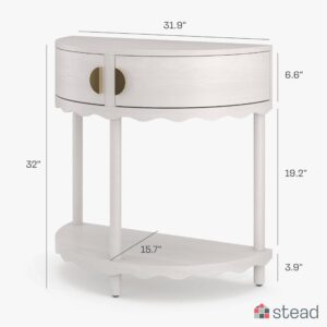 Scalloped Skirt Half Moon Console Table - Small Entry Table with Storage for Narrow Spaces - Modern Home Decor - Living Room Furniture - Solid Wood Entryway Table with Two Doors (Whitewash Oak)