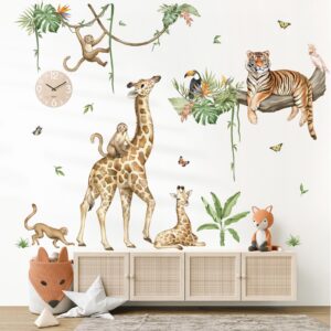 wondever large jungle animal tree branch wall stickers safari giraffe tiger monkey peel and stick wall art decals for baby nursery kids bedroom playroom