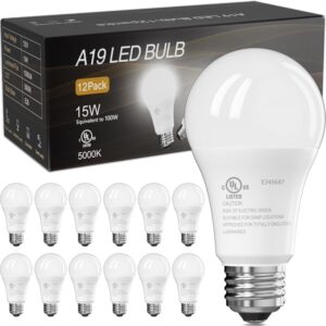 tjoy led light bulbs, 100 watt equivalent a19, 5000k daylight led bulbs, 15w bright white light bulbs, energy saving light bulb with e26 standard base, 1500 lumens non dimmable lamp bulb, 12 pack