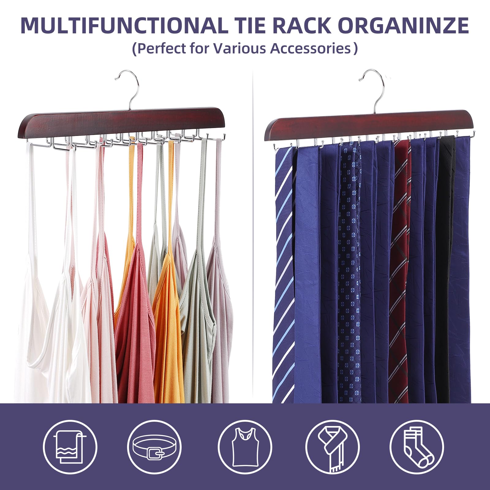 Kimo Tie Rack Tie Hangers for Man, Space-Saving Tie Holder with 20 Foldable Hooks, Large Capacity Tie Organizer for Men, Perfect for tie Storage,Hanging Tank top, Belt,Scarf.