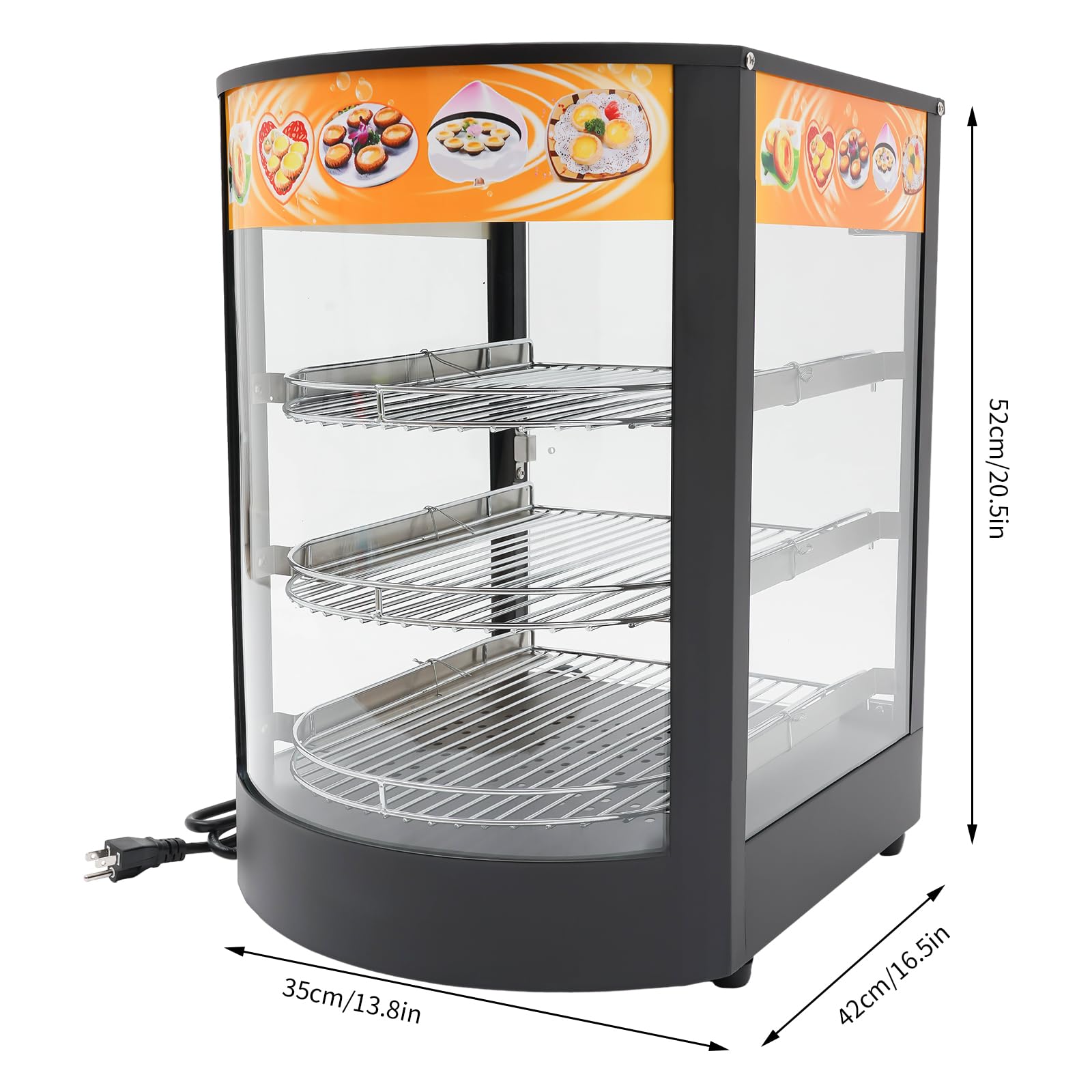 3-Tier Commercial Food Warmer Display Pizza Warmer, 110V 800W Electric Countertop Food Warmer Pastry Display Case Food Warming Cabinet w/LED Lighting, Removable Shelves and Glass Door