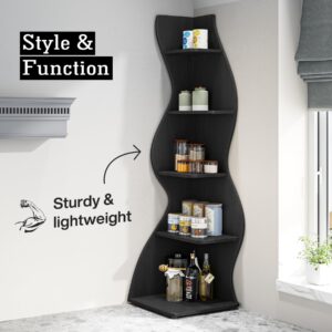 Tribesigns Corner Shelf, Modern 5-Tier Wall Corner Bookshelf, Stylish Corner Small Bookcase Storage Rack Plant Stand with Unique Shape for Living Room, Home Office, (1PC, Black)