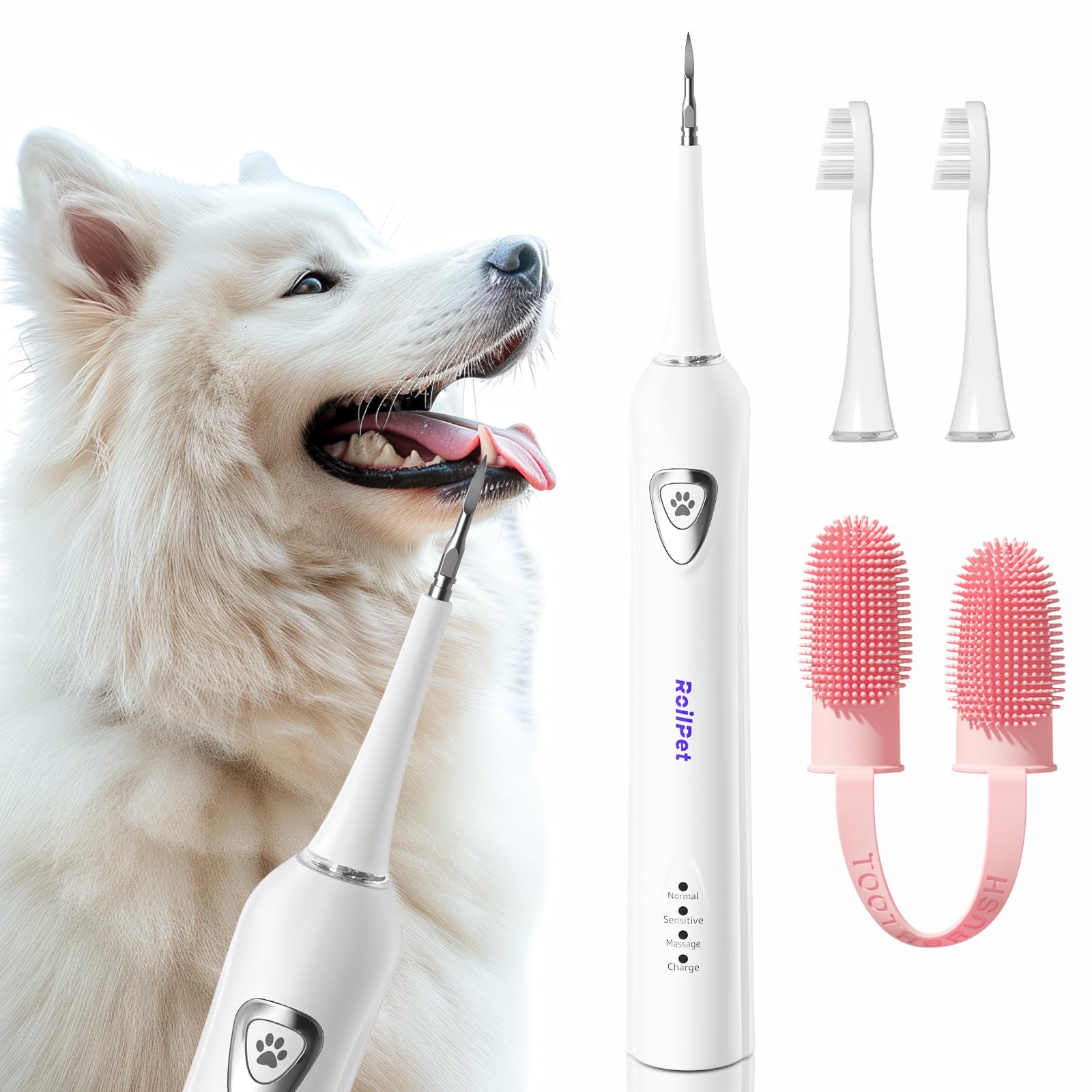 Roilpet Dog Teeth Cleaning Kit, Dog Plaque and Tartar Remover with Dog Finger Toothbrush, Rechargeable Sonic Electric Dog Tooth Scraper & Brushing Kit for Dog, Pet