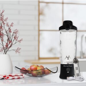 Kitchen Guru Elite Rechargeable Travel Blender: 240W Personal Smoothie Maker with 6-Leaf Blade, 600ml Capacity, and Innovative Pop-Up Design for Easy Portability - For Home or On the Go (Black)