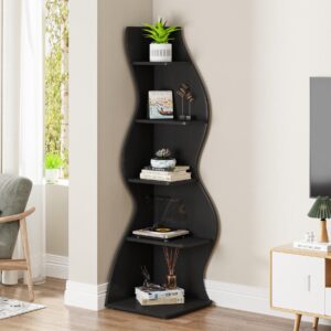 Tribesigns Corner Shelf, Modern 5-Tier Wall Corner Bookshelf, Stylish Corner Small Bookcase Storage Rack Plant Stand with Unique Shape for Living Room, Home Office, (1PC, Black)