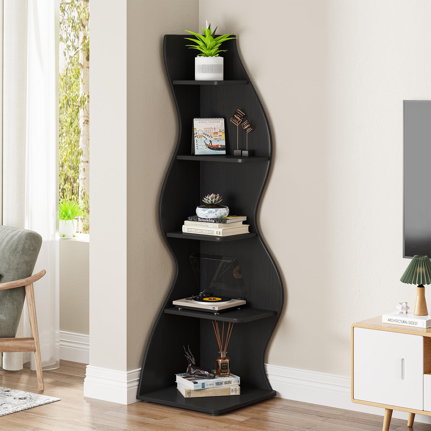 Tribesigns Corner Shelf, Modern 5-Tier Wall Corner Bookshelf, Stylish Corner Small Bookcase Storage Rack Plant Stand with Unique Shape for Living Room, Home Office, (1PC, Black)