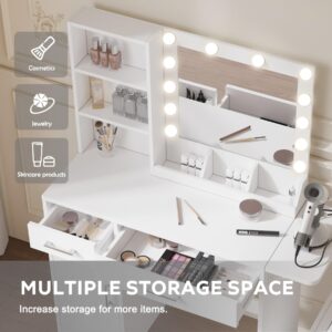 FITSCROPR Vanity Desk with Drawers & Mirror with Lights, with Drawers & Cabinet 3 Shelves Lots Storage for Stylish Bedroom,White