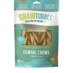 Gnawturals Dental Chews Twisted Sticks | for Medium Dogs | Natural Scrubbing Action to Fight Plaque and Tartar While Refreshing Your Dog's Breath (5 Sticks, Peanut Butter)