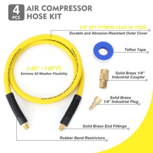 FYPower Air Compressor Whip Hose 3/8 Inch x 6 Feet Lead in Hybrid Hose with Fittings, Flexible and Kink Resistant, 1/4" Industrial Quick Coupler and Plug Kit - Yellow