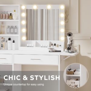 FITSCROPR Vanity Desk with Drawers & Mirror with Lights, with Drawers & Cabinet 3 Shelves Lots Storage for Stylish Bedroom,White