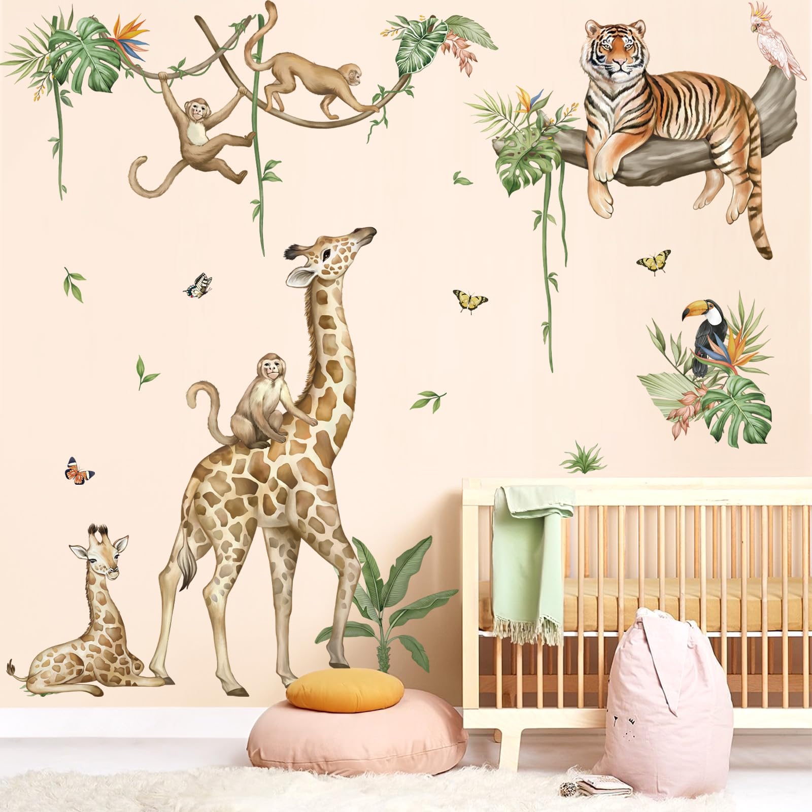 wondever Large Jungle Animal Tree Branch Wall Stickers Safari Giraffe Tiger Monkey Peel and Stick Wall Art Decals for Baby Nursery Kids Bedroom Playroom