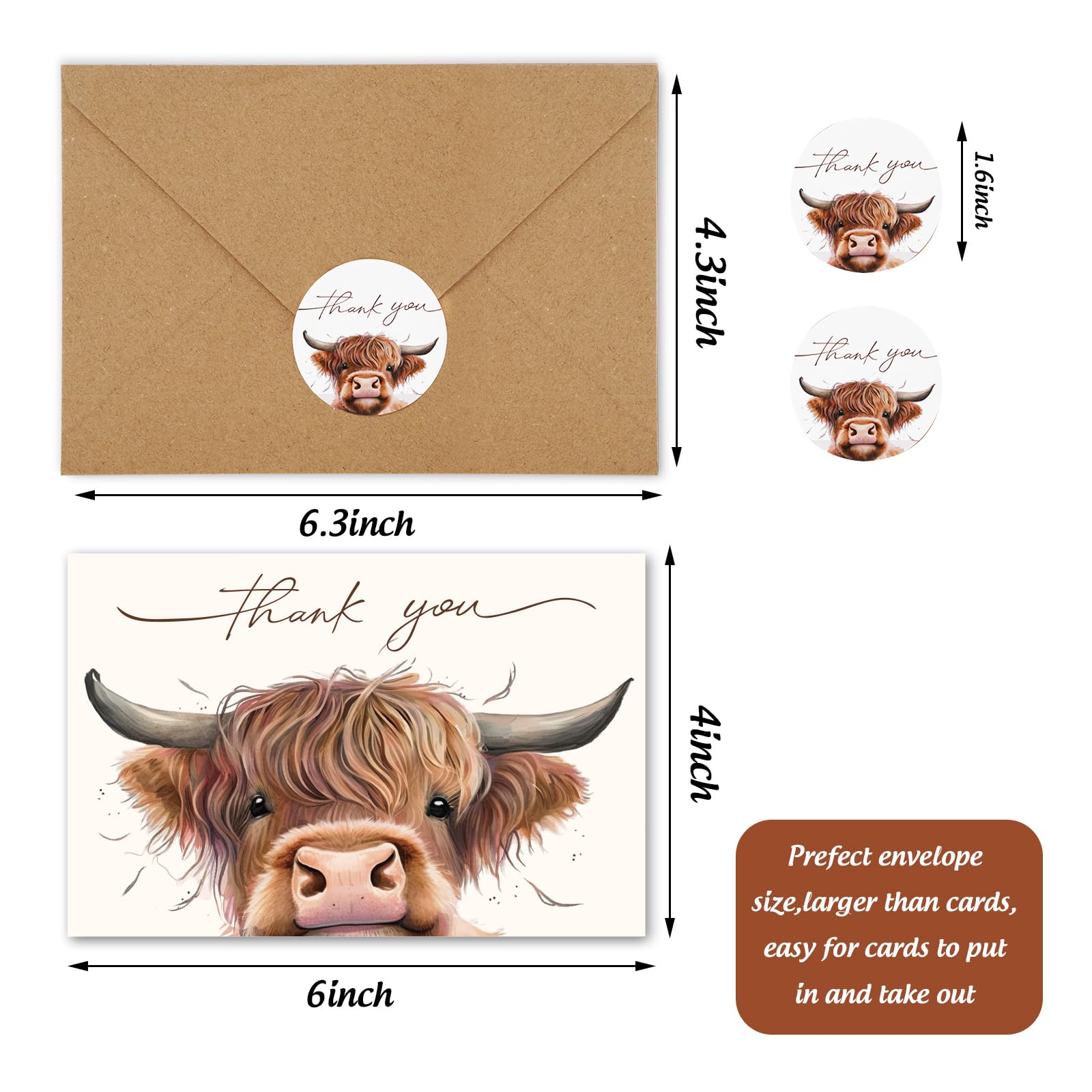 Whaline 36Pcs Highland Cow Thank You Cards with Envelopes and Stickers Barnyard Greeting Cards Blank Note Cards for Weddings Bridal Shower Baby Shower