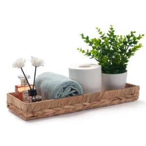 Woven Bathroom Vanity Tray for Storage Water Hyacinth Back of Toilet Basket Long Narrow Guest Towel Holder (Natural 16.3 x 6.1 x 2 inch)