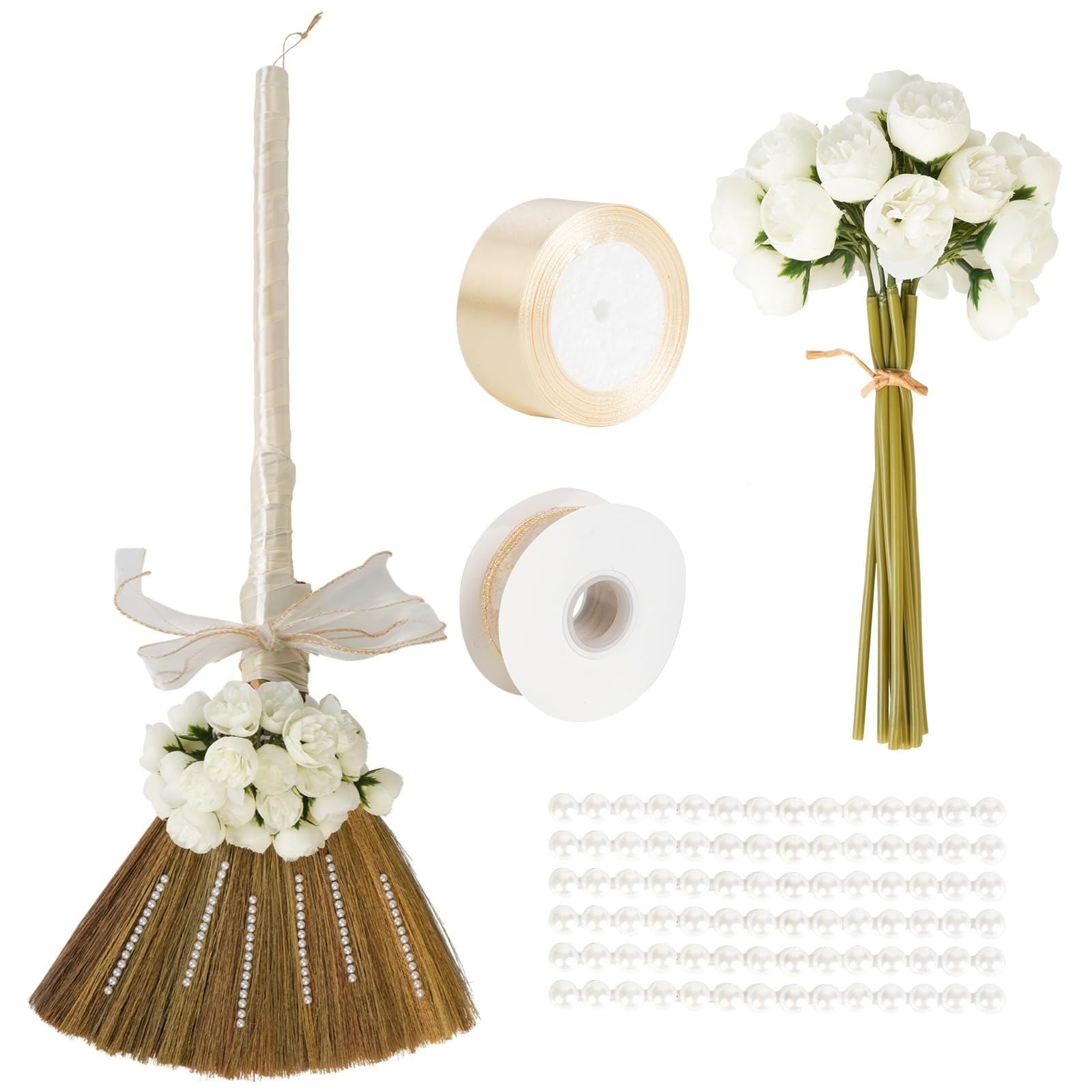 Wedding Broom for Jumping Ceremony, Jumping The Broom for Wedding, Decorative Broom DIY with Ribbons Artificial Pearl Roses