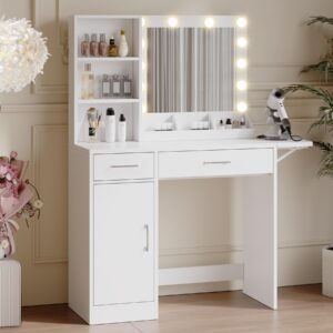 FITSCROPR Vanity Desk with Drawers & Mirror with Lights, with Drawers & Cabinet 3 Shelves Lots Storage for Stylish Bedroom,White