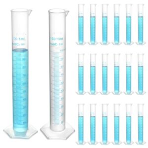 qwork 100ml polypropylene plastic beakers – laboratory test beakers with hexagonal base, 20-pack transparent measuring cylinder dual-sided measurement lines, science projects & home use