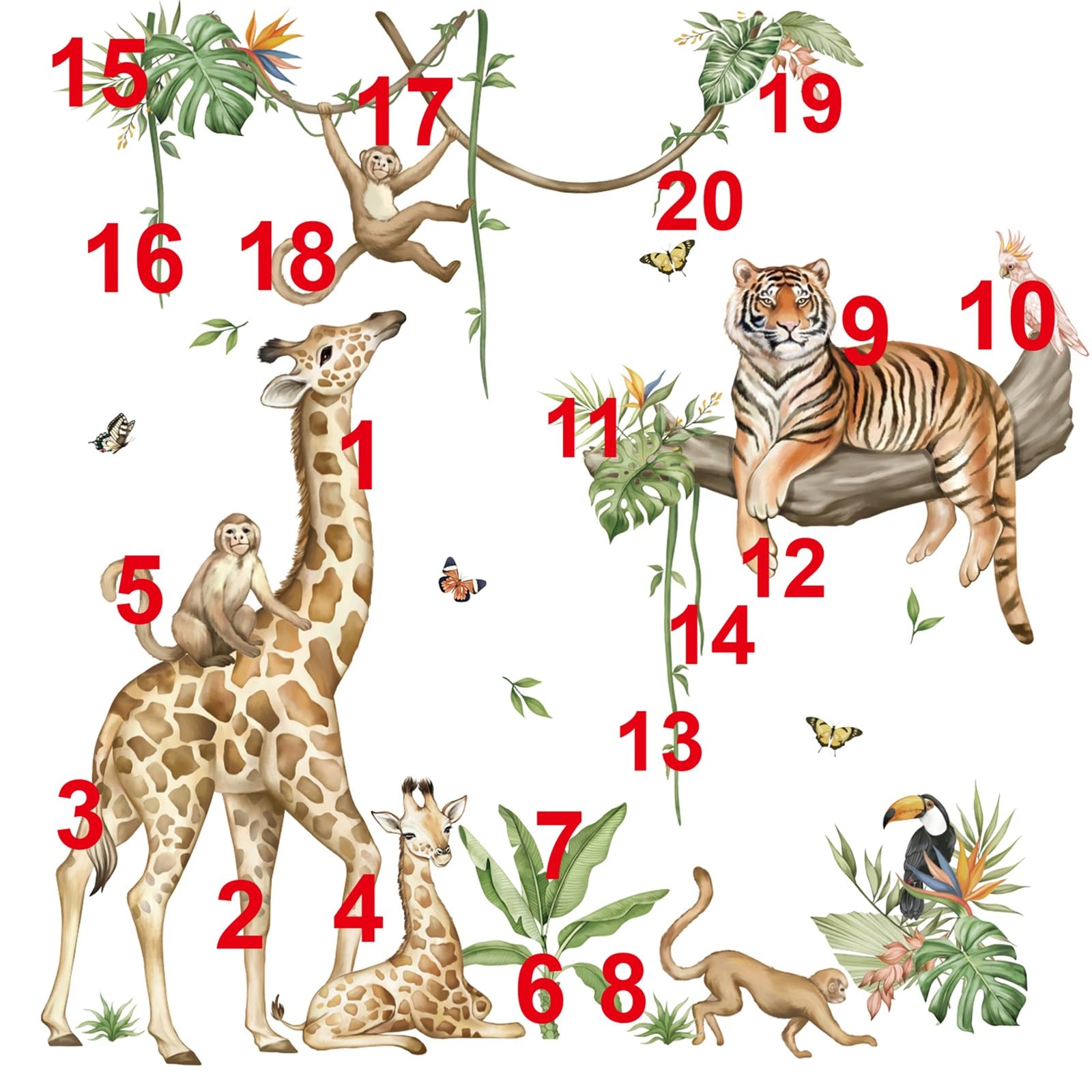 wondever Large Jungle Animal Tree Branch Wall Stickers Safari Giraffe Tiger Monkey Peel and Stick Wall Art Decals for Baby Nursery Kids Bedroom Playroom