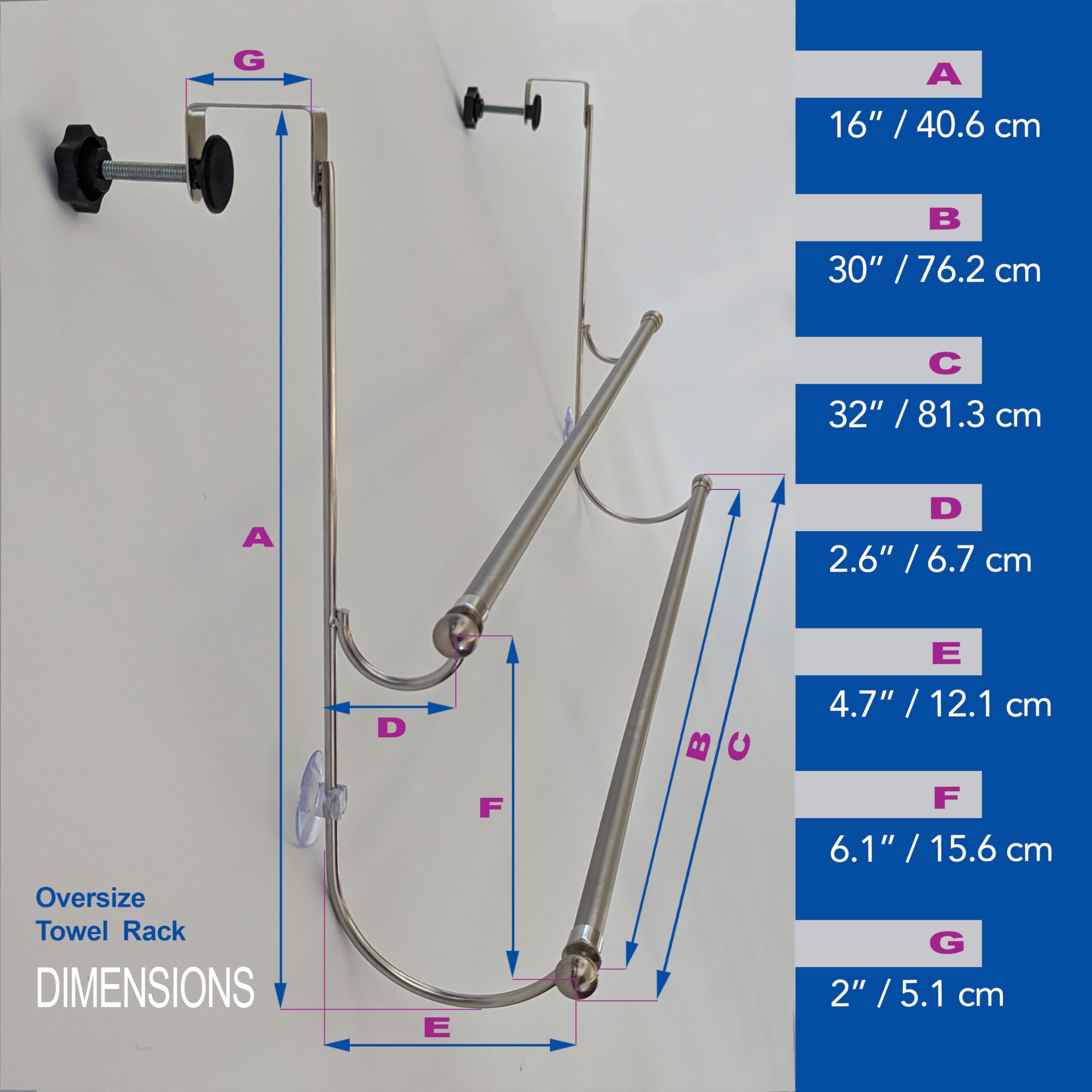 Insieme Extra Wide Over The Door Towel Rack for Bathroom, Two Tier Towel Hanger for 36 inch Door or 32.5 inch Plus Glass Shower Wall or Shower Door (Frameless or Frame to 2") Stylish, Stainless Steel