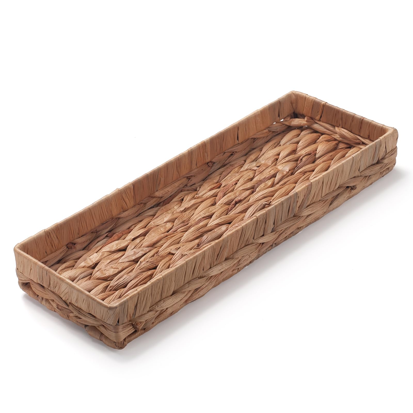 Woven Bathroom Vanity Tray for Storage Water Hyacinth Back of Toilet Basket Long Narrow Guest Towel Holder (Natural 16.3 x 6.1 x 2 inch)